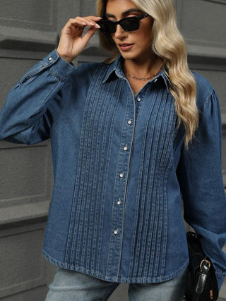 Button Down Collared Neck Langærmet Denim Top til kvinder - Cayana - 4