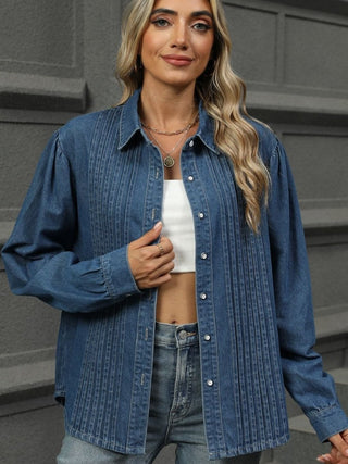 Button Down Collared Neck Langærmet Denim Top til kvinder - Cayana - 2