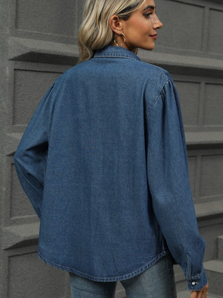 Button Down Collared Neck Langærmet Denim Top til kvinder - Cayana - 1