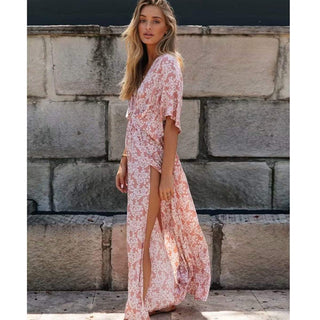 Lang boho-kjole med blomsterprint i mørk pink - Dress - Cayana - 3