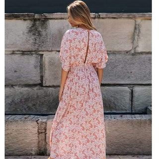 Lang boho-kjole med blomsterprint i mørk pink - Dress - Cayana - 4