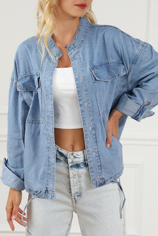 Snap Down Langærmet Denim Top - Denim jakke til kvinder - Cayana - 11