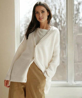 Vilma - Dame V - Hals Oversized Strik Cardigan, Knaplukket Hyggelig Pasform - Cayana - 1