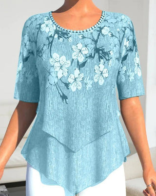 Maria l Blomstret bluse med rund hals og korte ærmer - Tops en Shirts - Cayana - 4